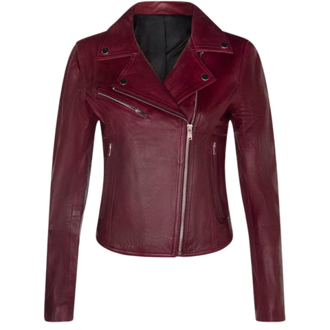 Women's Burgundy Classic Biker Jacket