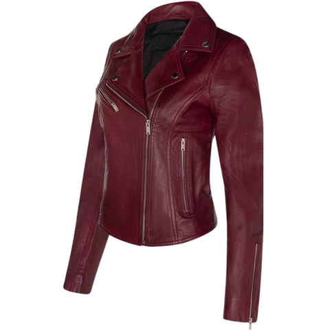 Women's Burgundy Classic Biker Jacket