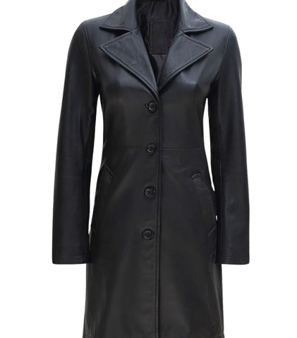 Women's Black Leather Car Coat