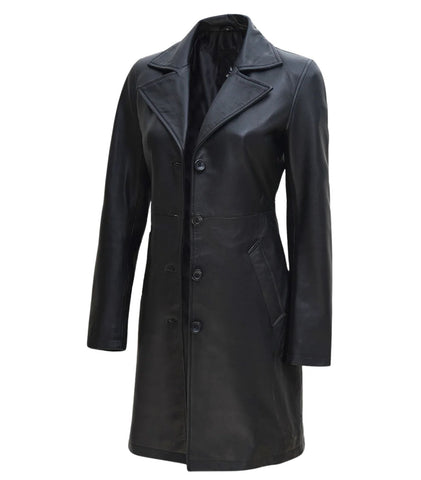 Women's Black Leather Car Coat