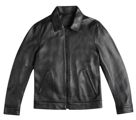 Men's Black Leather Jacket with Shirt Collar