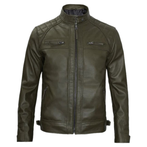 Men's Dark Green Leather Racer Jacket