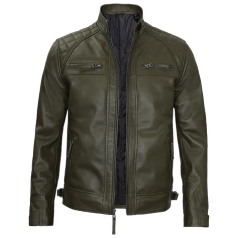 Men's Dark Green Leather Racer Jacket