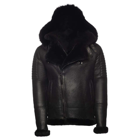 Men's Hooded Shearling Aviator Bomber Jacket